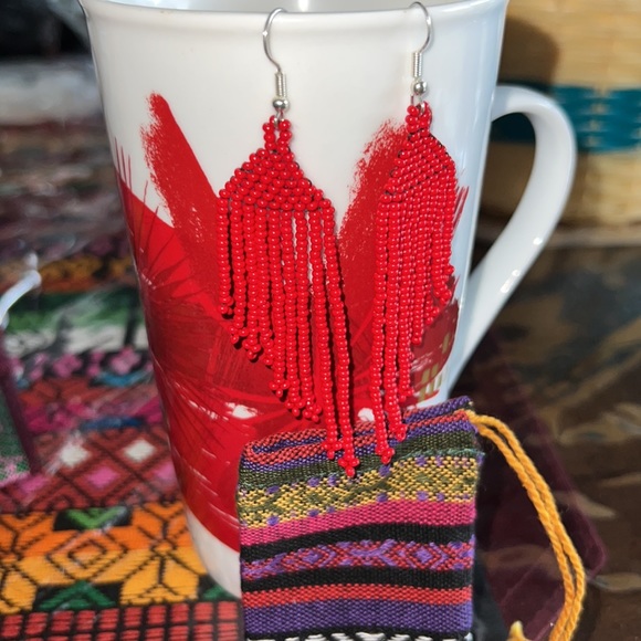 Bohemian Red Dangle Beaded Earrings asymmetrical hand crafted 2 inches long - Picture 3 of 4
